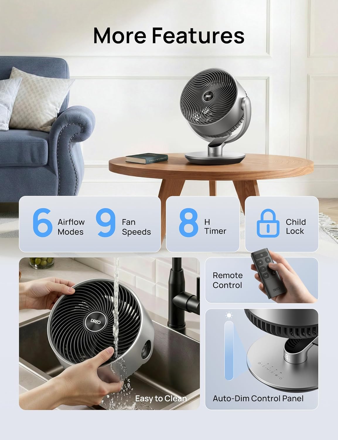 Dreo 16 Inch 25dB Quiet Smart Fans for Bedroom, DC Room Fan with Remote, 120°+120° Oscillating Fan, 6 Modes, 9 Speeds, 12H Timer,Works Alexa/Google/WiFi/Voice Control, Silver, Oversize (DR-HAF004S)
