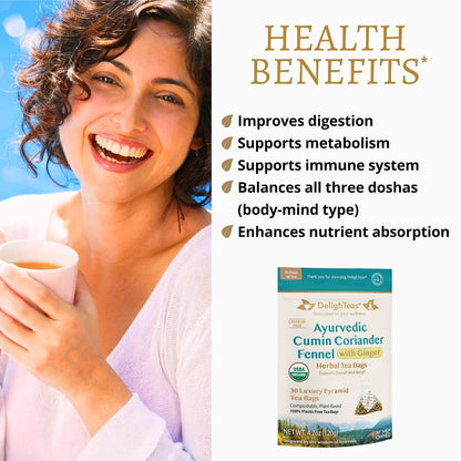 DelighTeas Organic Digest & Detox CCF Tea with Ginger | Eco-Conscious Pyramid Tea Bags | Ayurvedic Cumin Coriander Fennel Ginger Tea | USDA Organic, Vegan, Caffeine Free, Kosher | 30 Tea Bags, 4g each
