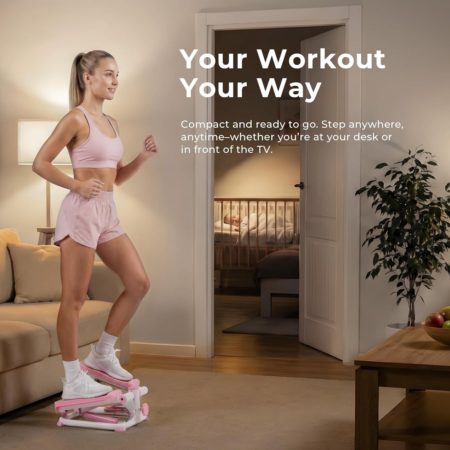 Sunny Health & Fitness Mini Steppers with Digital Monitor and Resistance Bands, Compact Low-Impact Cardio Machines for Home Workouts