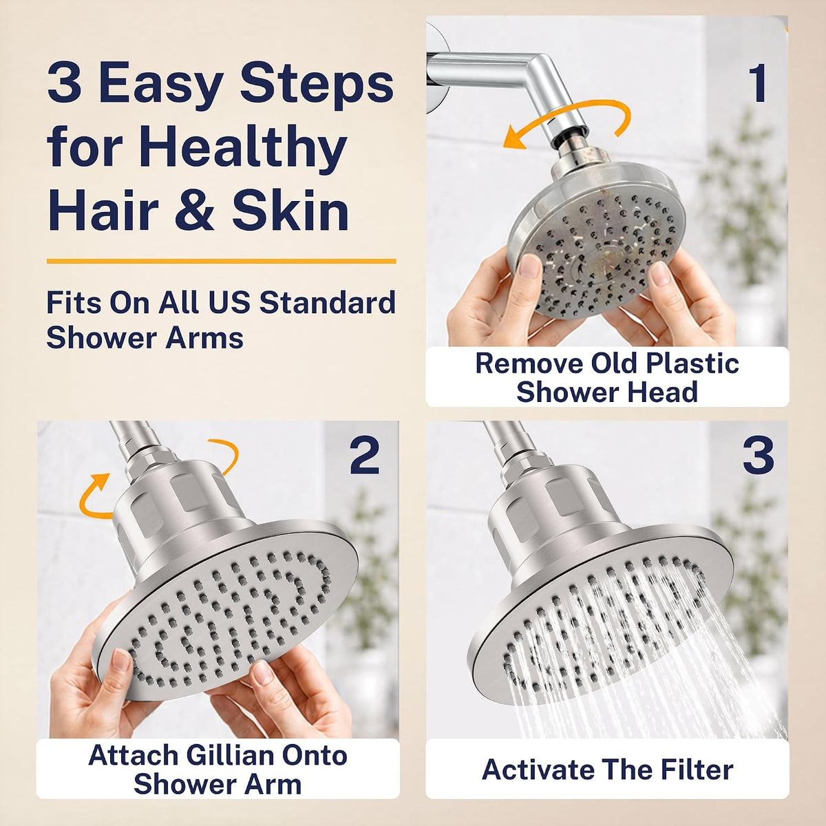 Gillian Metal Filtered Shower Head High Pressure, KDF-55 Removes Chlorine