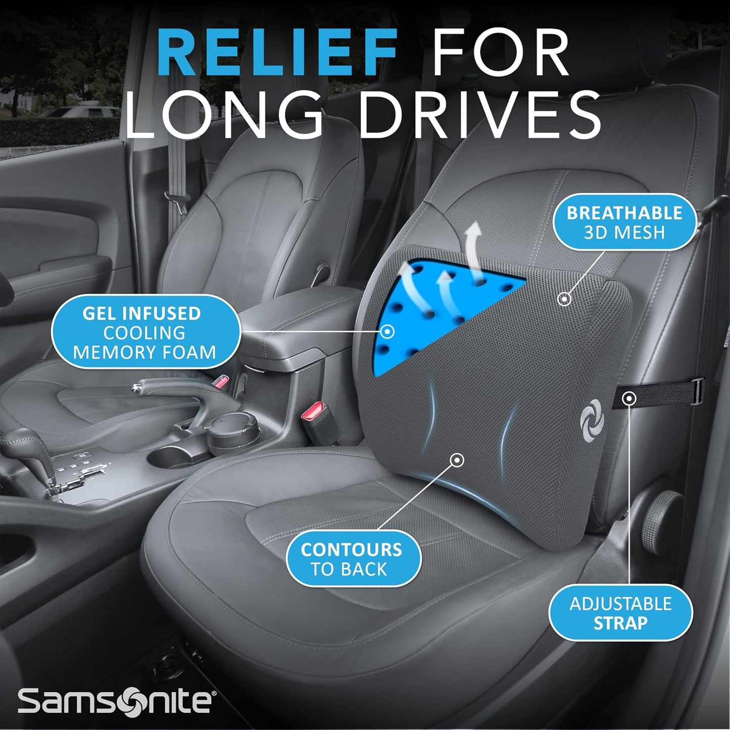 Samsonite Lumbar Support Pillow for Office Chair, Lower Back Support for Car, Back Pillow Desk Chair Cushion with Memory Foam, Improved Posture Backrest