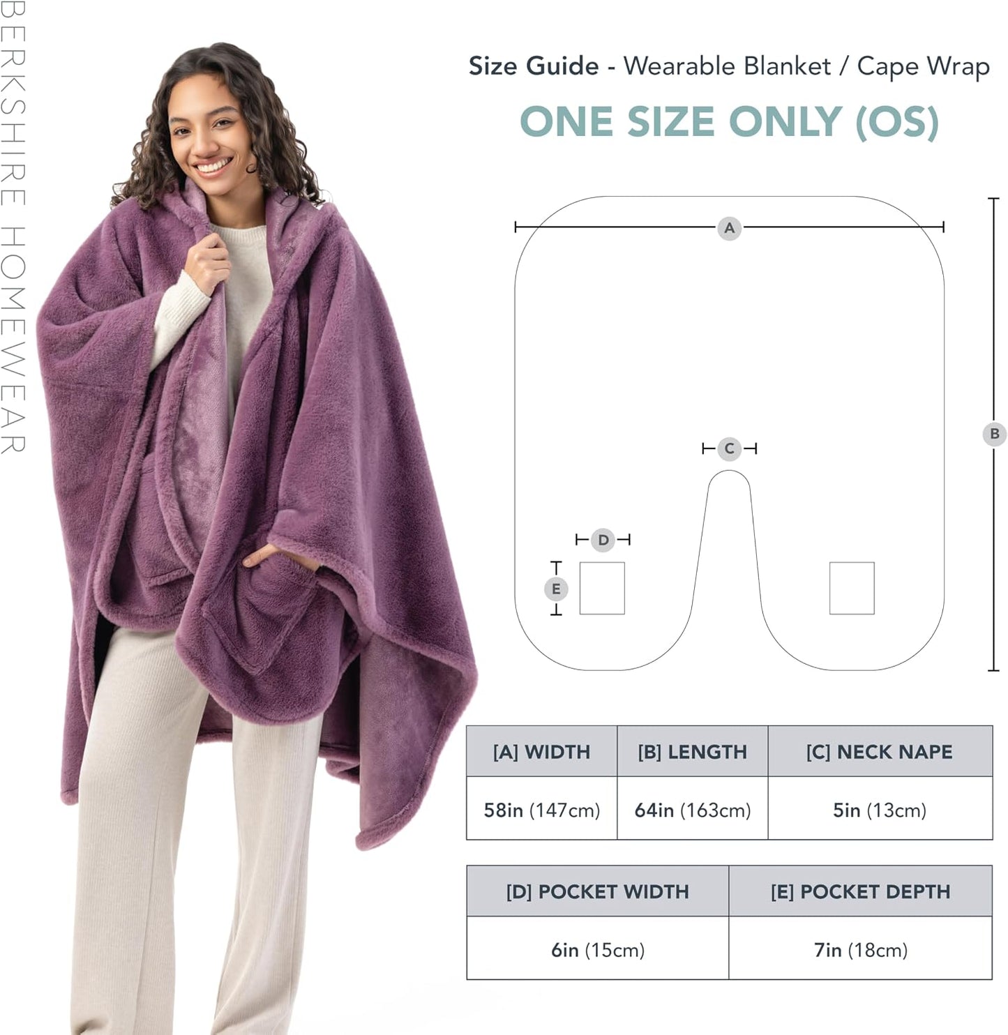 Berkshire Faux Fur Wearable Blanket, Cozy Reversible Loftmink Fleece Shawl with Hood & Side Pockets