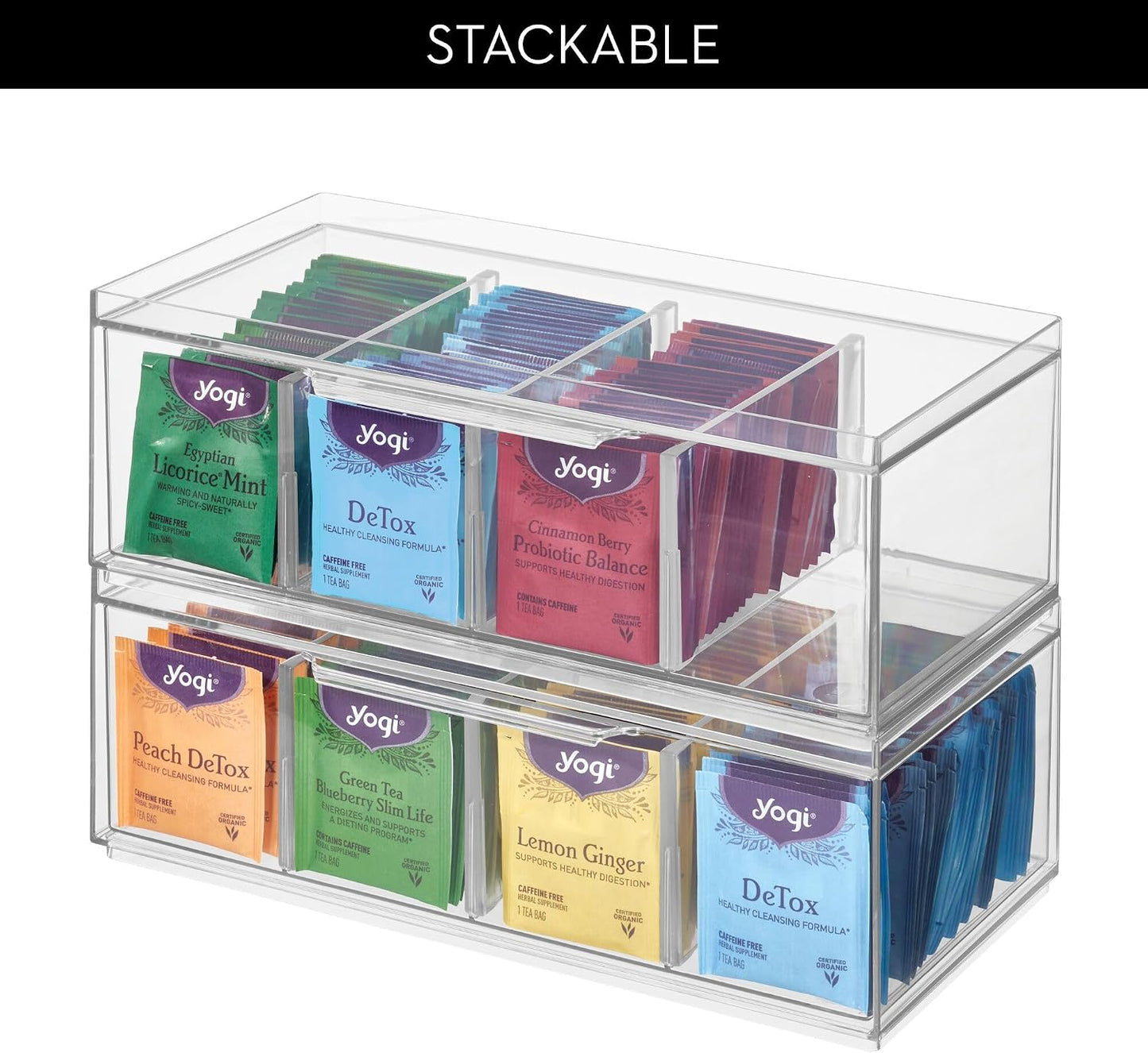 iDesign XL Tea Bag Organizer, Clear, 4-Section | For Counter, Storage Drawer for Cabinet