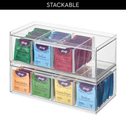 iDesign XL Tea Bag Organizer, Clear, 4-Section | For Counter, Storage Drawer for Cabinet
