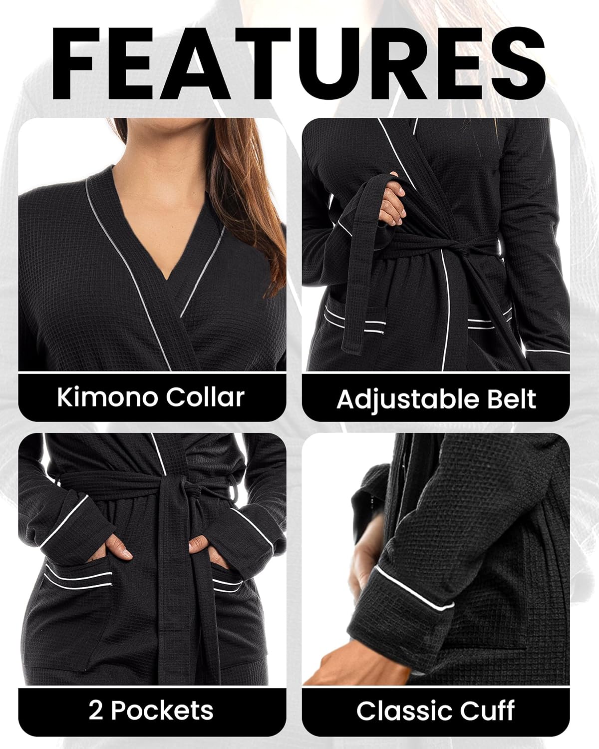 Cotton Blend Lightweight Waffle Robe for Women Knee-Length Soft Bathrobe