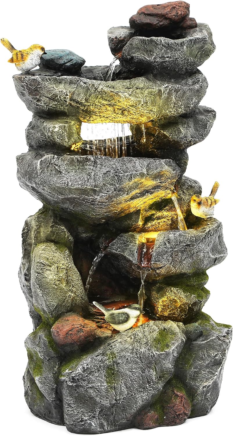 19.5" H 4-Tier Indoor & Outdoor Water Fountain with LED Lights | Resin Pebble Textured Tabletop Cascading Water Feature, Relaxing Decor for Patio, Porch, Deck, Yard & Home
