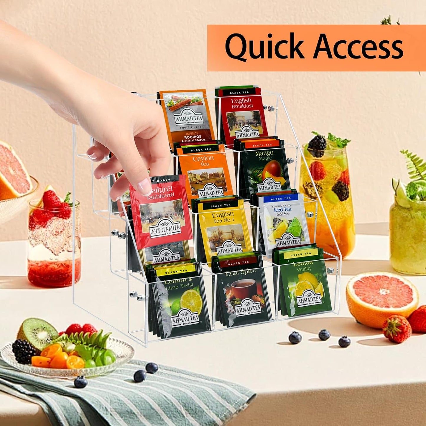 Tea Bag Organizer Holder, Acrylic Tea Packets Storage Box Container Display Stand Rack for Counter Cabinet Countertop Kitchen Office, 3 Tier