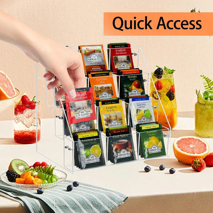 Tea Bag Organizer Holder, Acrylic Tea Packets Storage Box Container Display Stand Rack for Counter Cabinet Countertop Kitchen Office, 3 Tier