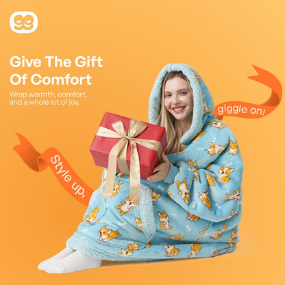Giggling Getup Wearable Blanket Hoodie for Adults Gifts for Teen Girls Sister Women Sherpa Fleece Printed Hooded Blanket Sweatshirt Warm Cozy with Pocket & Sleeves Beige Cat