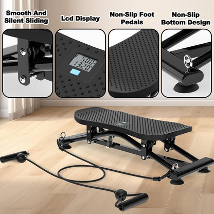 KINMAC 2-in-1 Rocking Stepper with Resistance Bands, Portable Balance Board for Exercise at Home, Quiet Mini Stair Stepper with LCD Monitor, Ski Trainer for Workout Home Gym