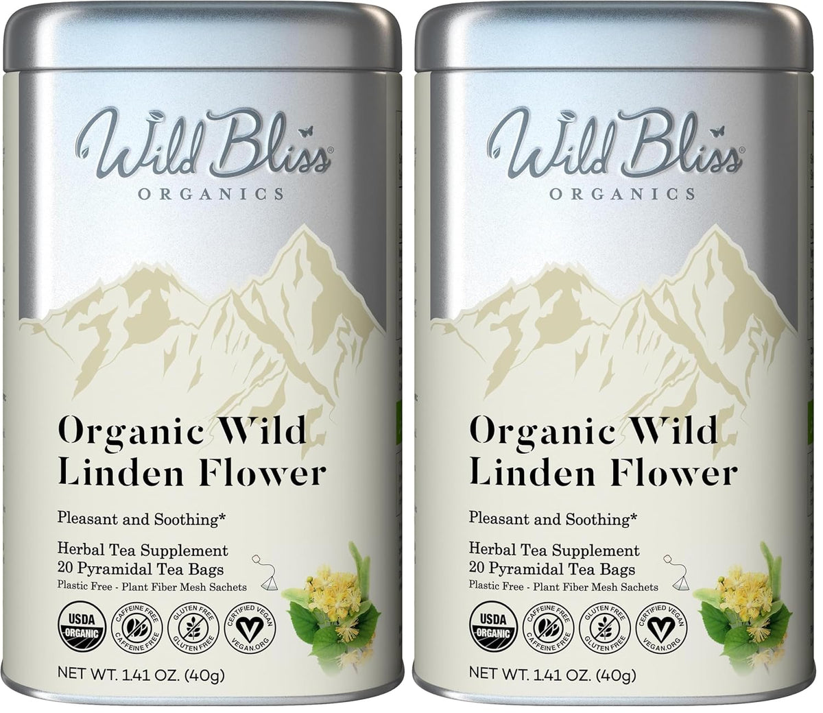 Wild Bliss Organic Linden Flower Herbal Tea - Caffeine Free Tisane - 20 Plant Based Tea Bags (Pack of 2)