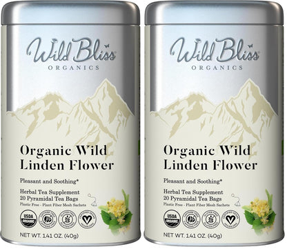 Wild Bliss Organic Linden Flower Herbal Tea - Caffeine Free Tisane - 20 Plant Based Tea Bags (Pack of 2)