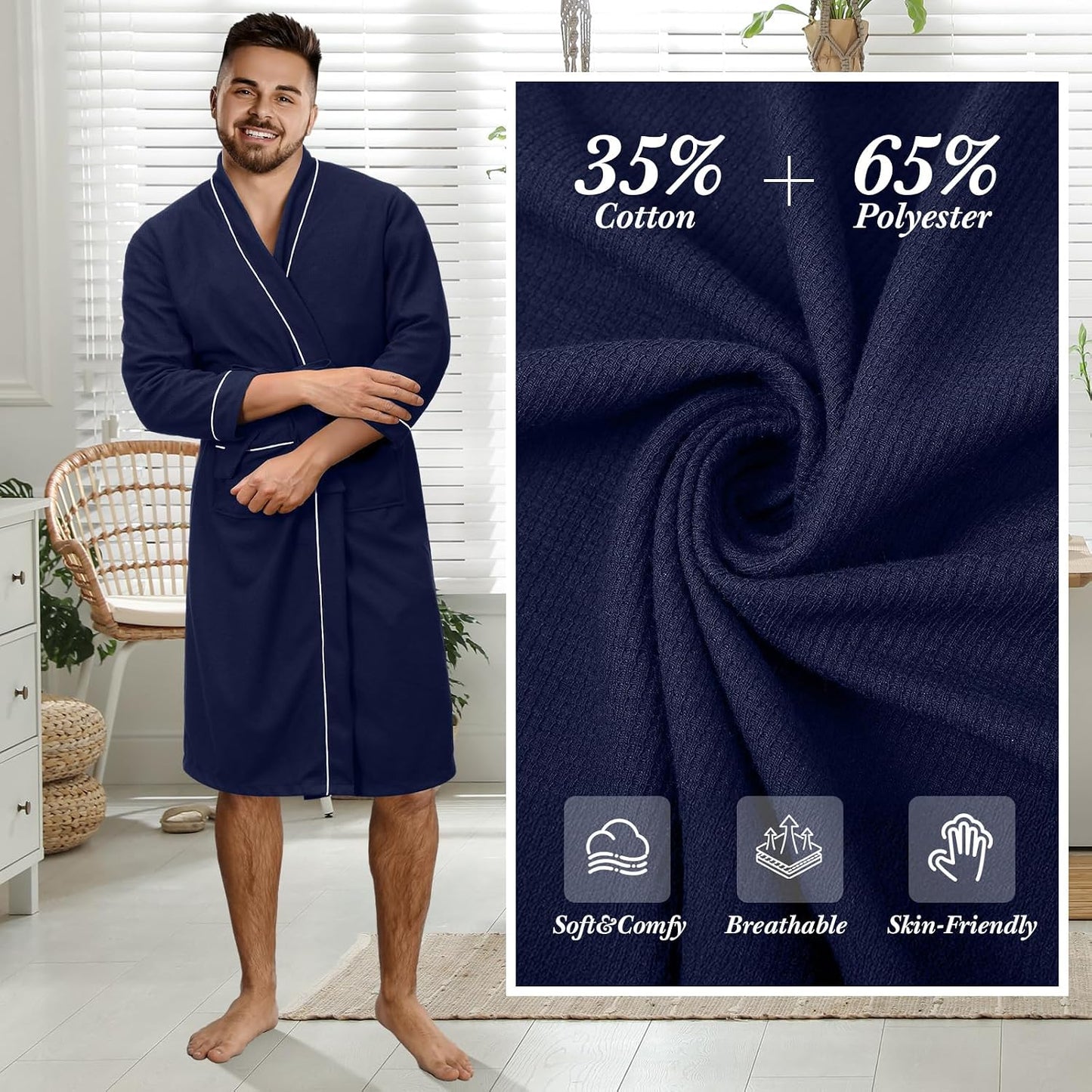 Cuffbow Cotton Robe for Women or Men Lightweight Waffle Knit Bathrobe Couple V Neck Spa Sleepwear(just 1 Set)