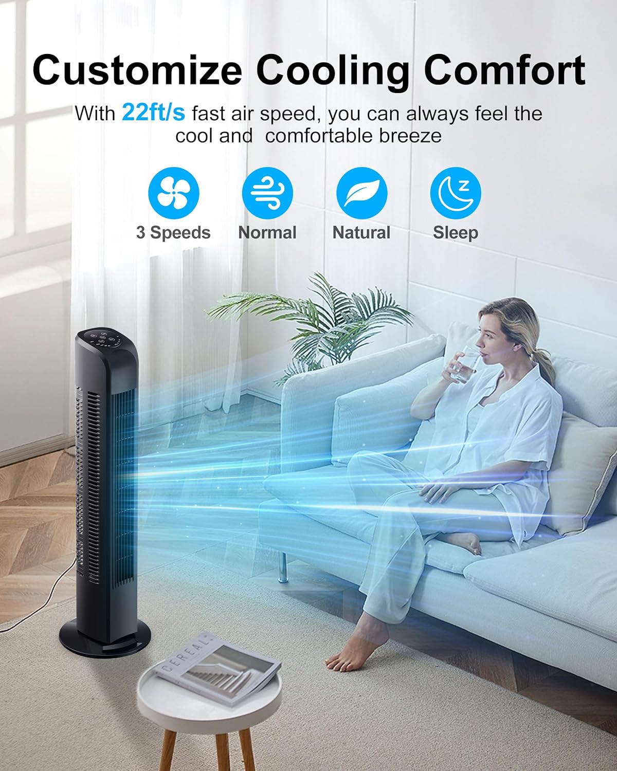 Uthfy Oscillating Tower Fan for Bedroom, Portable Standing Fan with Remote, 3 Modes 3 Speeds, 7.5H Timer, 120° Quiet Cooling for Living room, Office, Black