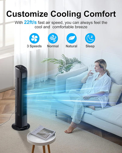 Uthfy Oscillating Tower Fan for Bedroom, Portable Standing Fan with Remote, 3 Modes 3 Speeds, 7.5H Timer, 120° Quiet Cooling for Living room, Office, Black
