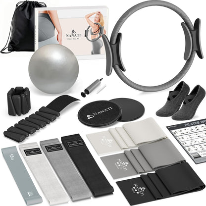 NANATI Pilates Kit, Home Pilates Workout Kit for Women, Pilates Equipment with 14.5" Pilates Ring and Ball, Resistance Bands, Ankle Weights, Sliders & Grip Socks for Home Workouts