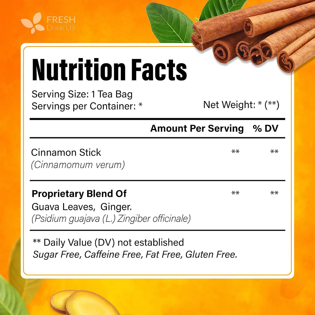 FreshDrinkUS, Premium Guava Vitality Tea | 75 Tea Bags | Guava Leaves, Cinnamon Stick & Ginger Herbal Tea – Caffeine Free Botanical Infusion – Warm & Aromatic Daily – 100% Natural Ingredients