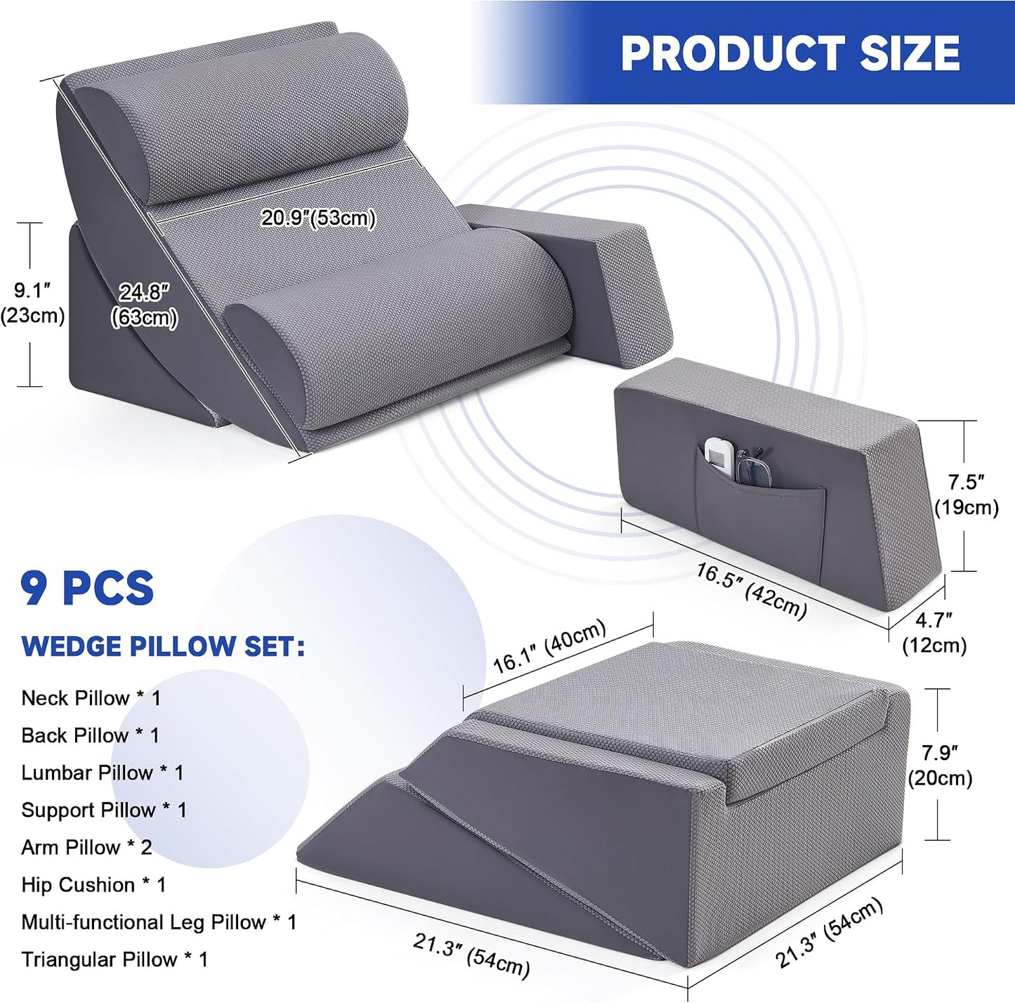Yojoker 6pcs Orthopedic Bed Wedge Pillow Set for Sleeping, Post Surgery Foam for Body, Back and Leg Pain Relief Comfortable & Adjustable Support Pillows-Anti Snoring, Heartburn