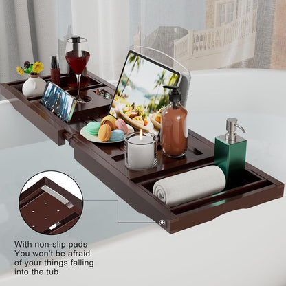 Artmalle Luxury Bathtub Caddy Tray for Tub - Foldable Bamboo Bath Table Tray with Book and Wine Glass Holder, Expandable Bathroom Accessories for Spa or Reading Lite Style