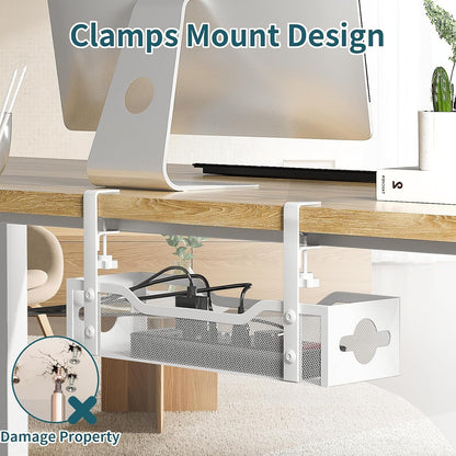 Under Desk Cable Management Tray No Drill, Metal Mesh Cable Management Under Desk with Clamp Mount, 2 Hole Cable Tray with Wire Management and Cord Organizer for Home Office Standing Desk