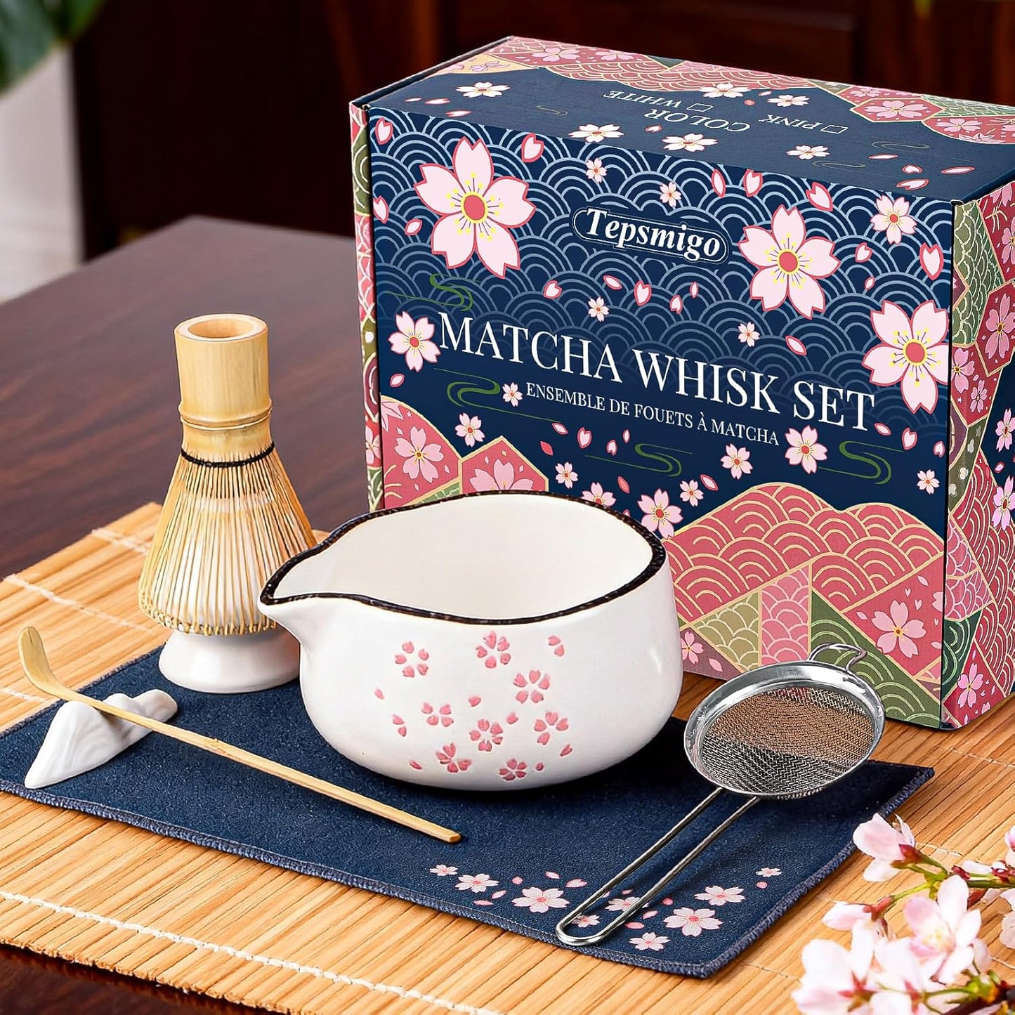 Matcha Whisk Set, 7 PCS Ceramic Matcha Sets with Bowl, Bamboo Whisk and Holder, Towel, Sifter, Bamboo Scoop, Scoop Rest, Christmas Gifts for Tea Lovers, Birthdays New Year Gifts for Women Mom