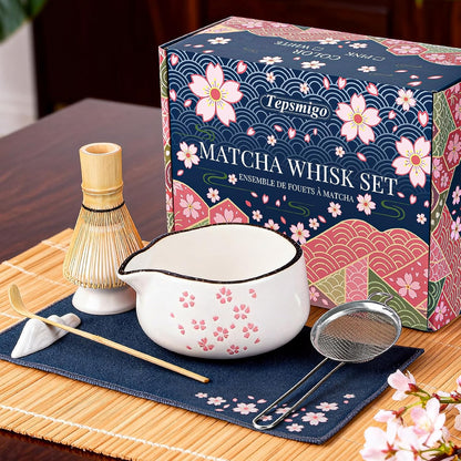 Matcha Whisk Set, 7 PCS Ceramic Matcha Sets with Bowl, Bamboo Whisk and Holder, Towel, Sifter, Bamboo Scoop, Scoop Rest, Christmas Gifts for Tea Lovers, Birthdays New Year Gifts for Women Mom