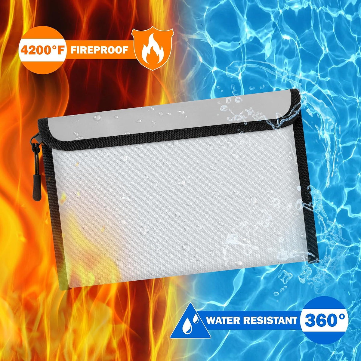 Fireproof Waterproof Document Bag - 5200°F Water Resistant Fire Proof Money Bag, 3 Layers of Heat Insulated Storage with Zipper, 7.9"x5" Portable Files Safe Pouch for Cash Passport (Black)