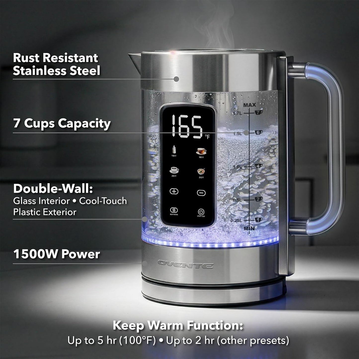 OVENTE Digital Glass Electric Tea Kettle 1.7L with Color-Changing LED Lights Temperature Control, Double-Wall Cool Touch, 4 Presets, Keep Warm, Tea Infuser & Boil-Dry Protection, Silver KGD913S