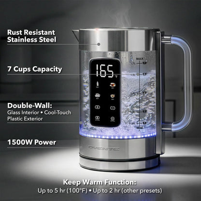 OVENTE Digital Glass Electric Tea Kettle 1.7L with Color-Changing LED Lights Temperature Control, Double-Wall Cool Touch, 4 Presets, Keep Warm, Tea Infuser & Boil-Dry Protection, Silver KGD913S