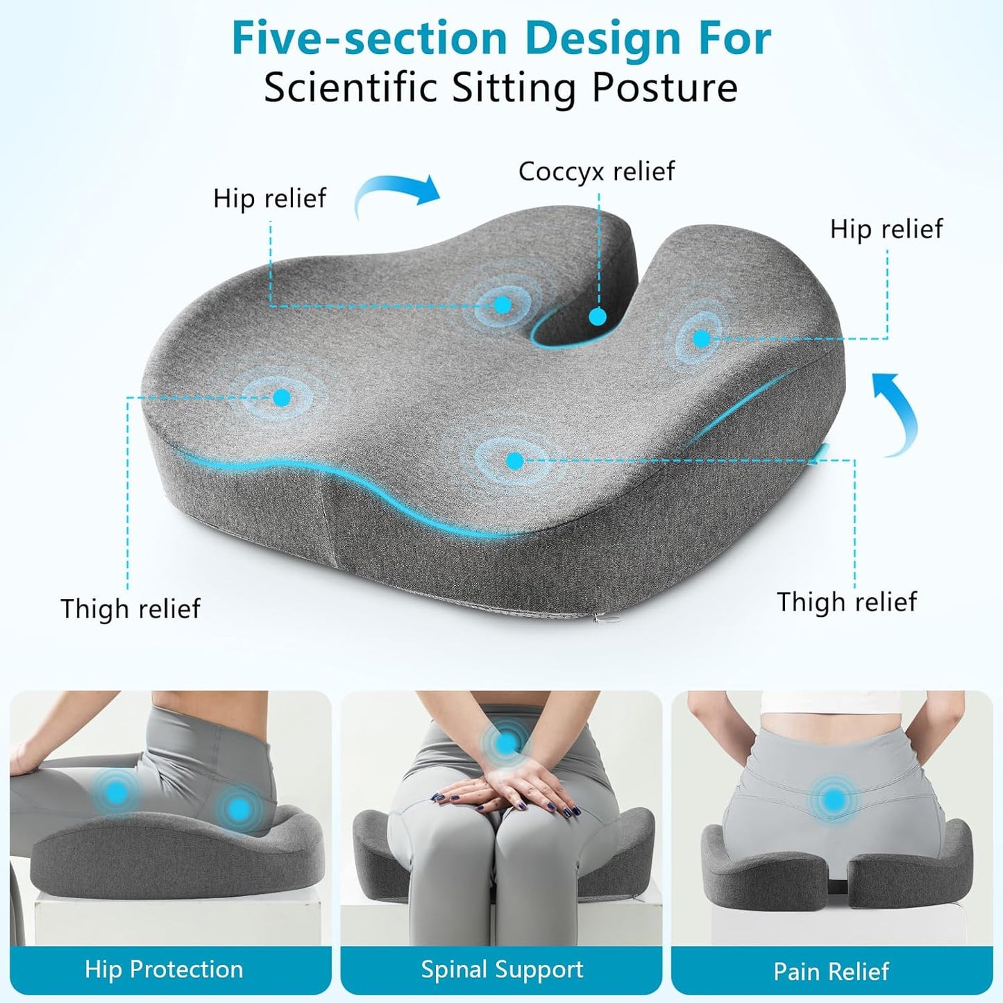 Seat Cushions for Office Chairs & Hip Pain Relief, Extra-Dense Coccyx Cushion with Sciatica Support, Ergonomic Design for Desk Chair, Car, Wheelchair, All-Day Comfort (Black)