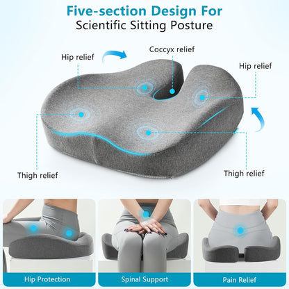 Seat Cushions for Office Chairs & Hip Pain Relief, Extra-Dense Coccyx Cushion with Sciatica Support, Ergonomic Design for Desk Chair, Car, Wheelchair, All-Day Comfort (Black)