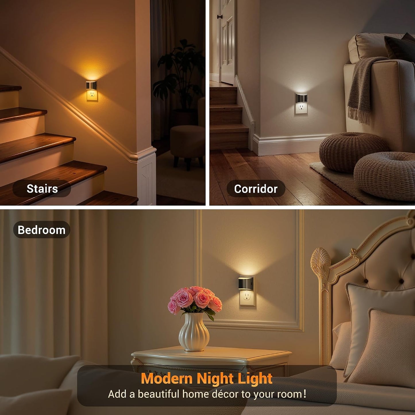 JandCase Night Light, Modern Night Lights Plug into Wall,2 Pack Dusk to Dawn Sensor Nightlight, Amber Brightness Adjustable Nightlight for Kids Bathroom Hallway Kitchen Bedroom Decor