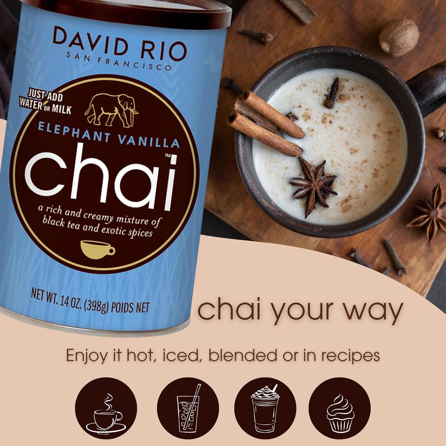 Orca Spice Reduced Calorie Chai Tea Latte Mix, 11.9 Oz, Black Tea, Organic Spices, Sugar Free, Dairy Free, Serve Hot or Cold, Just Add Water or Milk, 18 Servings