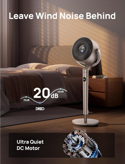 DREO Smart Fan for Bedroom, 120° +120° Omni-Directional Oscillating Fans, 100ft Quiet Pedestal Fan with RGB Light, 9 Speeds, 6 Modes, 20dB, 8H Timer, Wi-Fi/Voice/Alexa, 35-40" Floor Fans with Remote