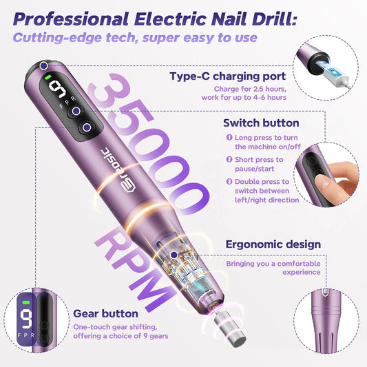 Professional Electric Nail Drill Kit for Acrylic Gel Nails, Purple