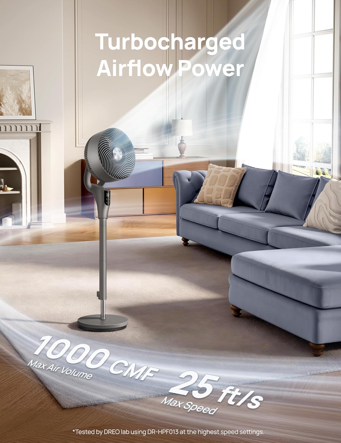 DREO Fan for Bedroom, 2026 Upgraded, 90ft Airflow, 20dB Quiet Fan, 90° Oscillating Standing Fan for Whole Room, DC Motor, 8+H Speeds, 3 Modes, 38-42'' Adjustable Height, 8H Timer, 105° Manual Vertical