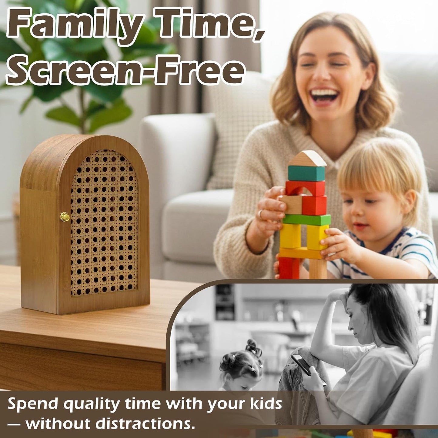 Bamboo Phone Box, Premium Cell Phone Box for Family Time, Cell Phone Jail with Charging Holes,Phone Lock Box Holds 6 Phones (Walnut)