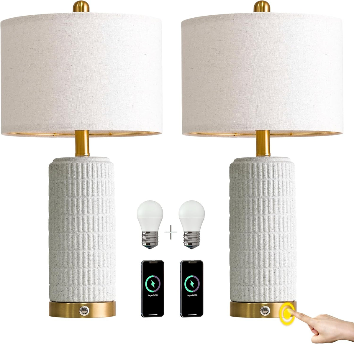PoKat Touch Bedside Table Lamps with 2 USB for Bedroom Living Room, 25''