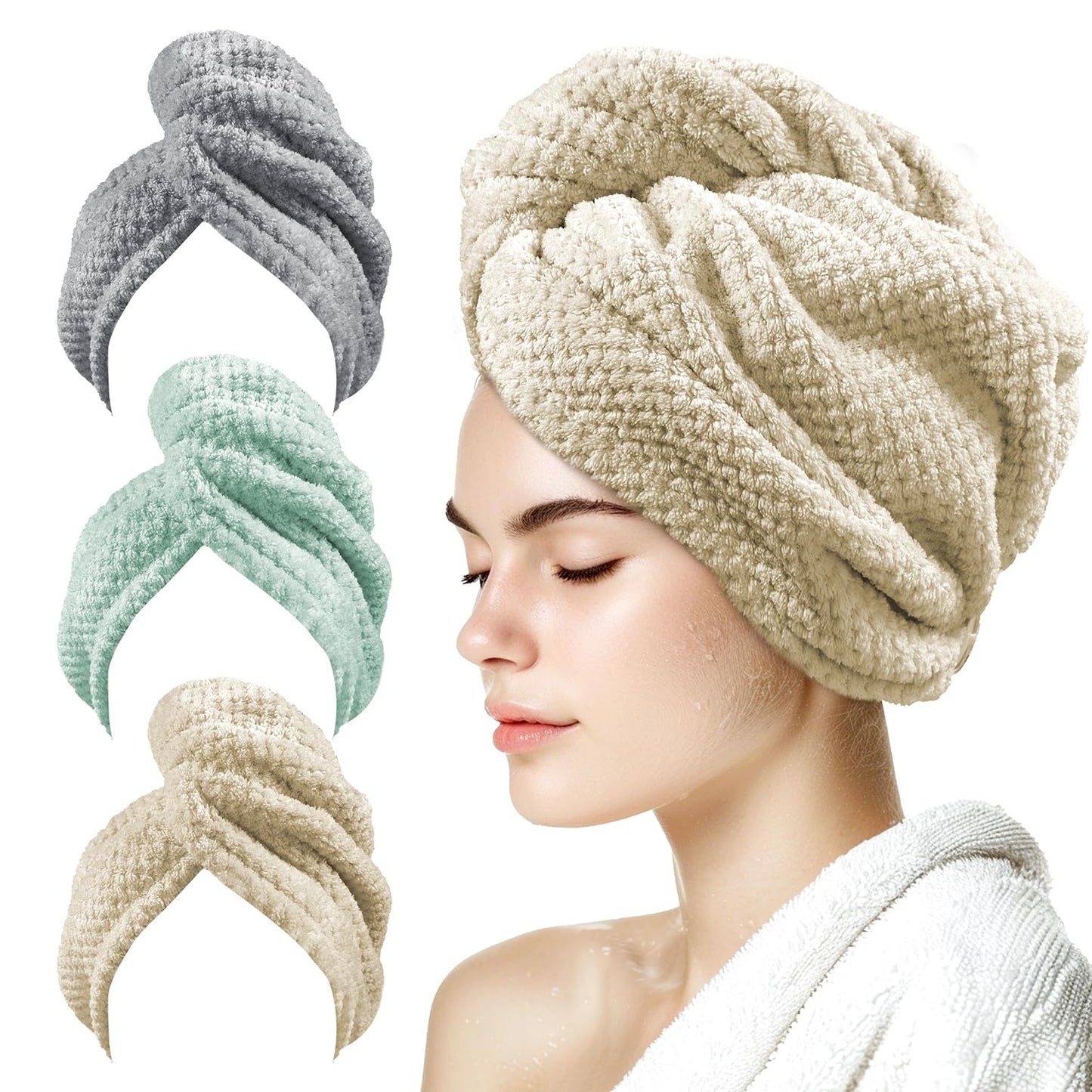 my novel things 3 Pack Hair Towel Wrap for Women, 25.4" x 9.8" Microfiber Towels, Super Absorbent Quick Dry with Button for Curly Hair Anti Frizz (Pink,White,Purple) Gift for Women Girls
