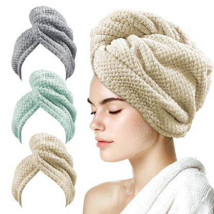 my novel things 3 Pack Hair Towel Wrap for Women, 25.4" x 9.8" Microfiber Towels, Super Absorbent Quick Dry with Button for Curly Hair Anti Frizz (Pink,White,Purple) Gift for Women Girls