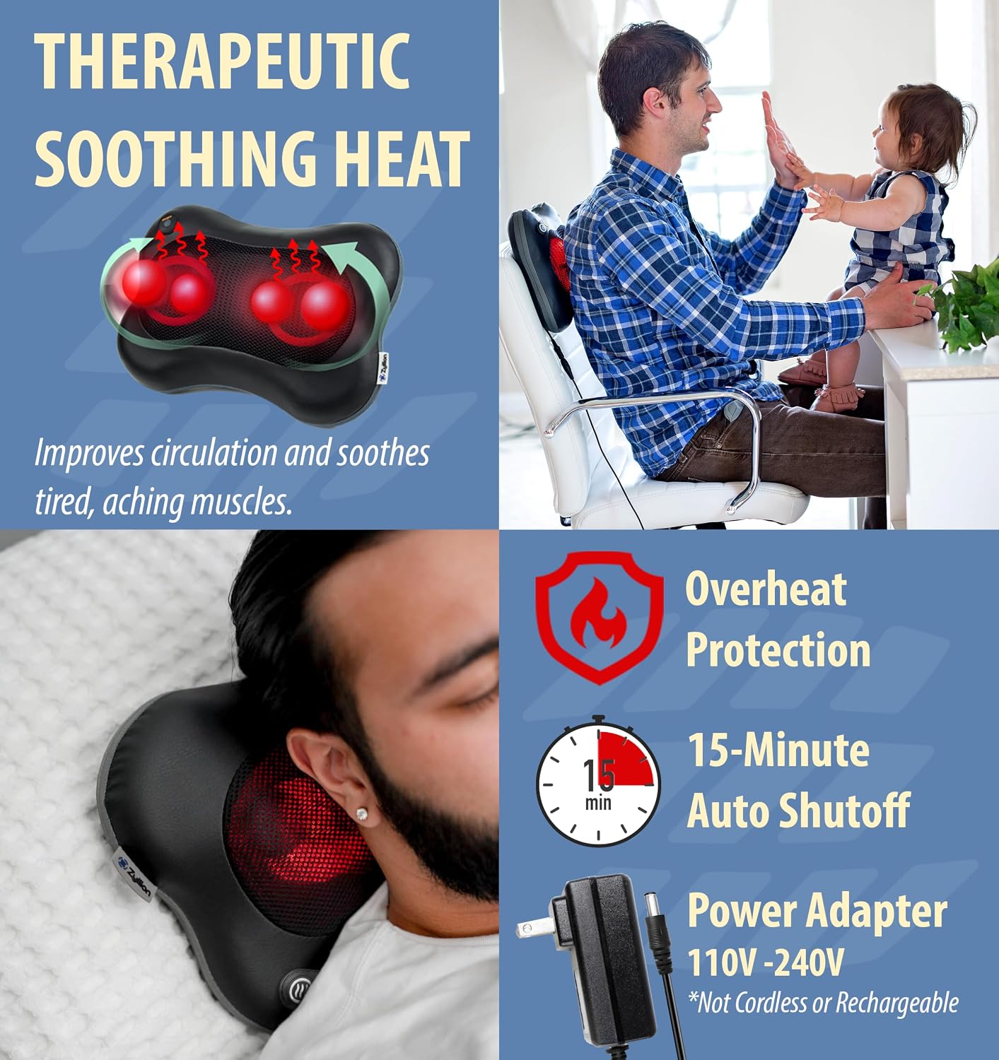 Zyllion Shiatsu Back and Neck Massager with Heat - 3D Electric Kneading Deep Tissue Massage Pillow with 8 Massaging Nodes for Muscle Pain Relief, Black, ZMA-25