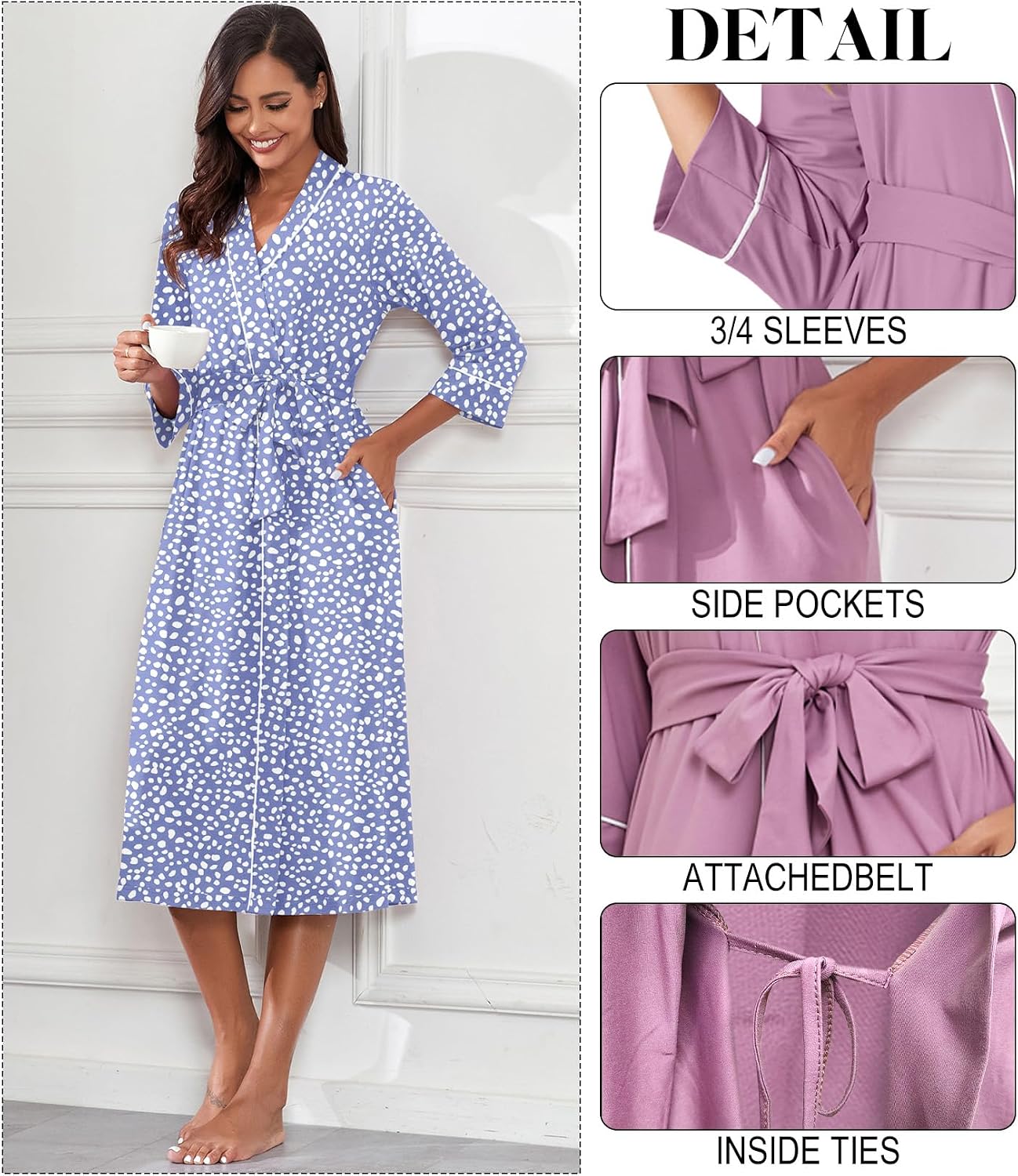 PrinStory Robes for Women 3/4 Sleeve Long Bath Robe XS-4XL