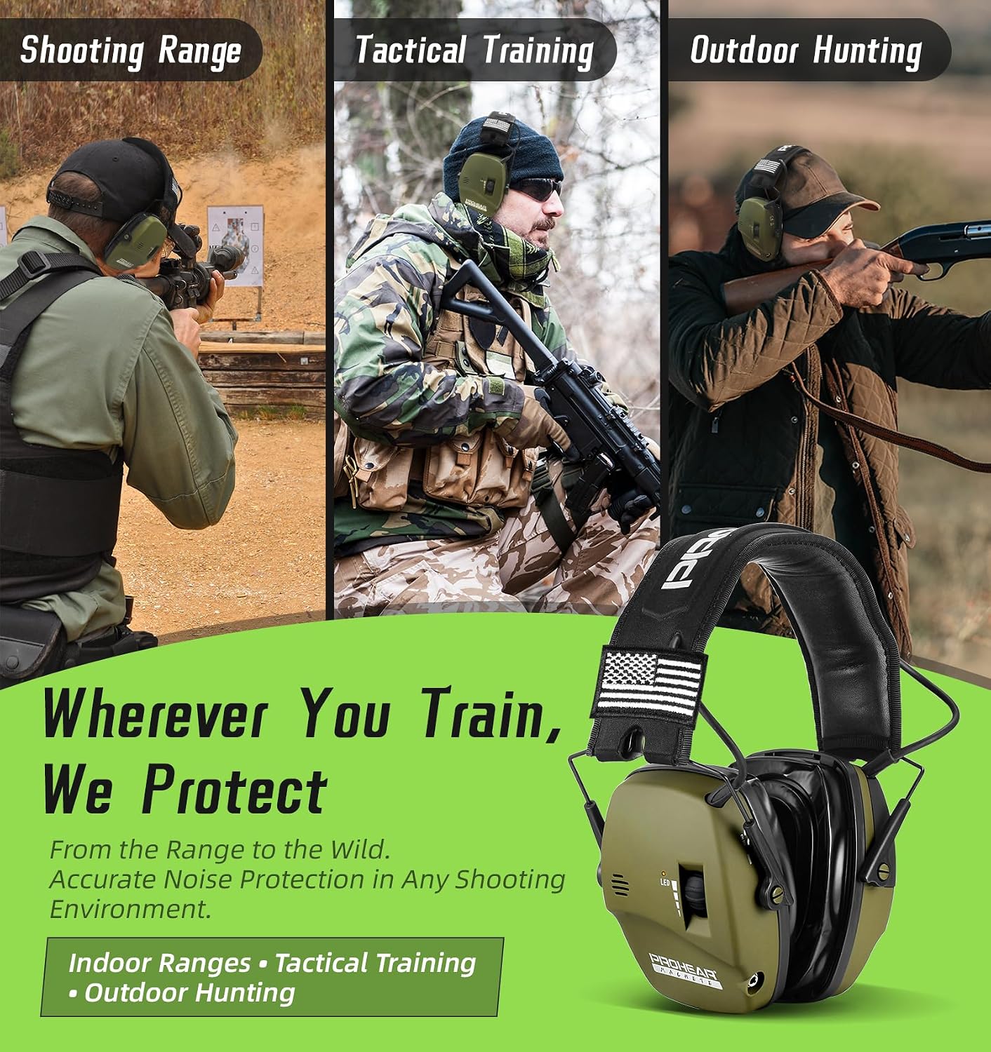 PROHEAR Electronic Ear Protection for Shooting with 4X Sound Amplification, Gun Range Hearing Protection Muffs, NRR 23dB Noise Reduction Headphones for Hunting, Green