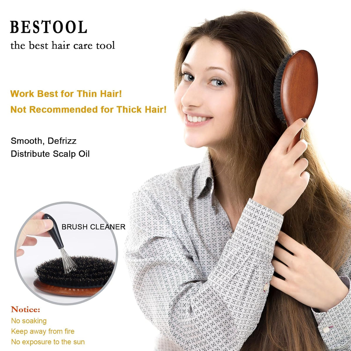 BESTOOL Hair Brush-Boar Bristle Hair Brushes Natural Bamboo Wooden Cushion Massage Anti Static Large Paddle Hairbrush for Women Men and Kid (Round)