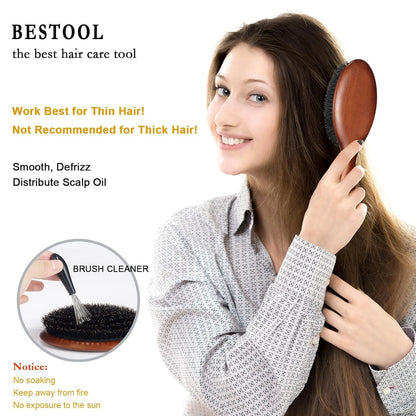 BESTOOL Hair Brush-Boar Bristle Hair Brushes Natural Bamboo Wooden Cushion Massage Anti Static Large Paddle Hairbrush for Women Men and Kid (Round)