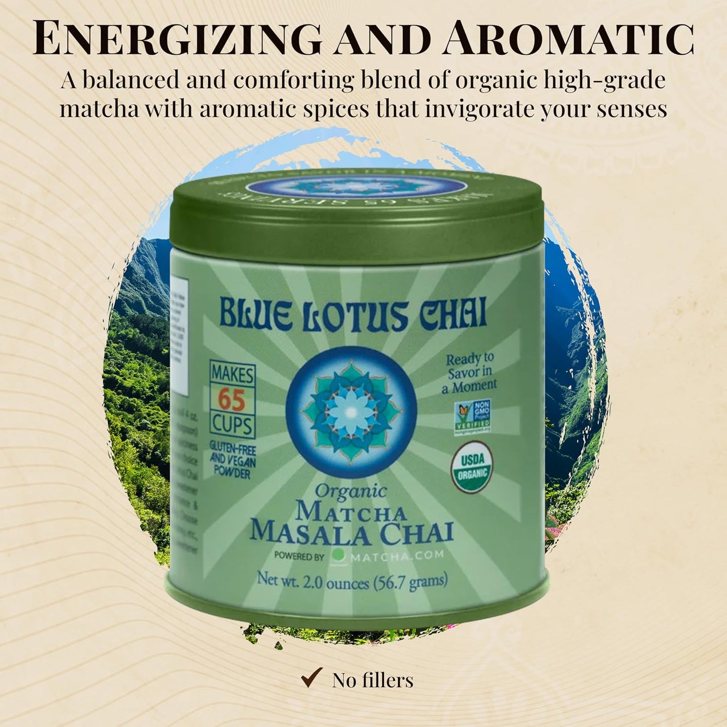 Blue Lotus Chai - Rooibos Flavor Masala Chai - Makes 65 Cups - 2 Ounce Masala Spiced Chai Powder with Organic Spices - Instant Indian Tea No Steeping - No Gluten