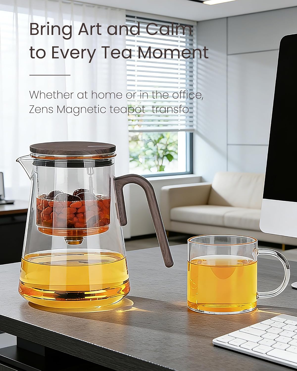 ZENS Magnetic Tea Pot, Enchanted Glass Teapot with Infuser and Magnetic Suction Lid for Mess-Free Loose Tea Diffusers, Walnut Wood Handle, Tea Lovers Gifts
