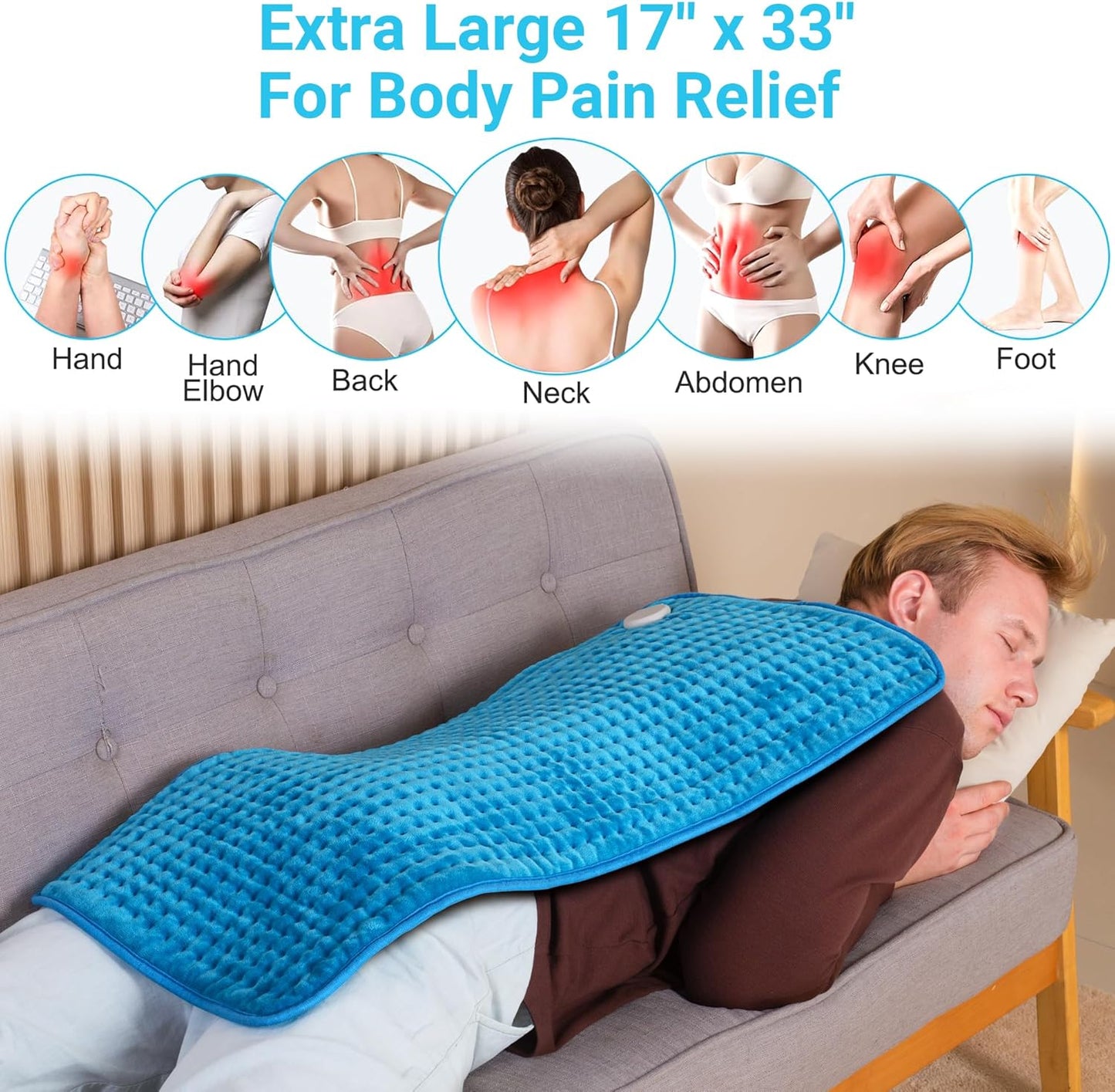 Boileau Electric Heating Pad for Back Pain and Period Cramps Relief, FSA Eligible17 x33 Extra Large XXXL, HSA 3 Heating Levels Heat Pad with 2-Hour Auto Shut Off, Gifts for Women and Mom, Blue