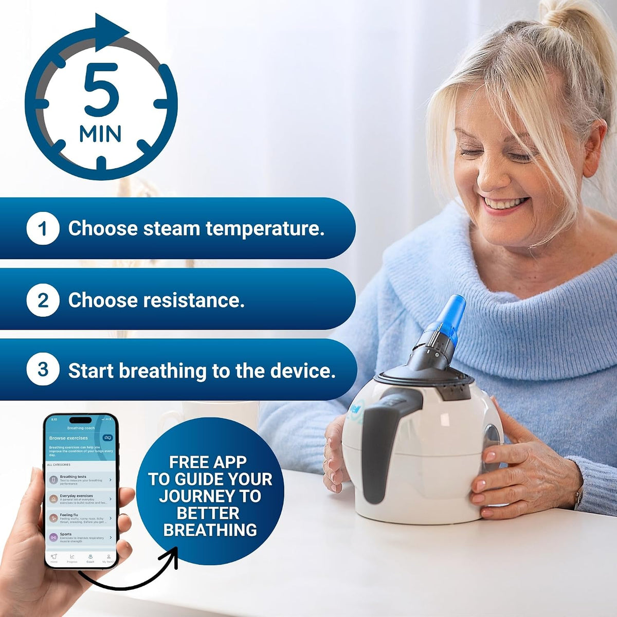 Breathing Trainer | Unique Patented Warm Steam + Adjustable Resistance | Comfortable Breathing Routine | App-Guided Sessions | Complete Breath Trainer Set with 3 Mouthpieces & Nasal Mask