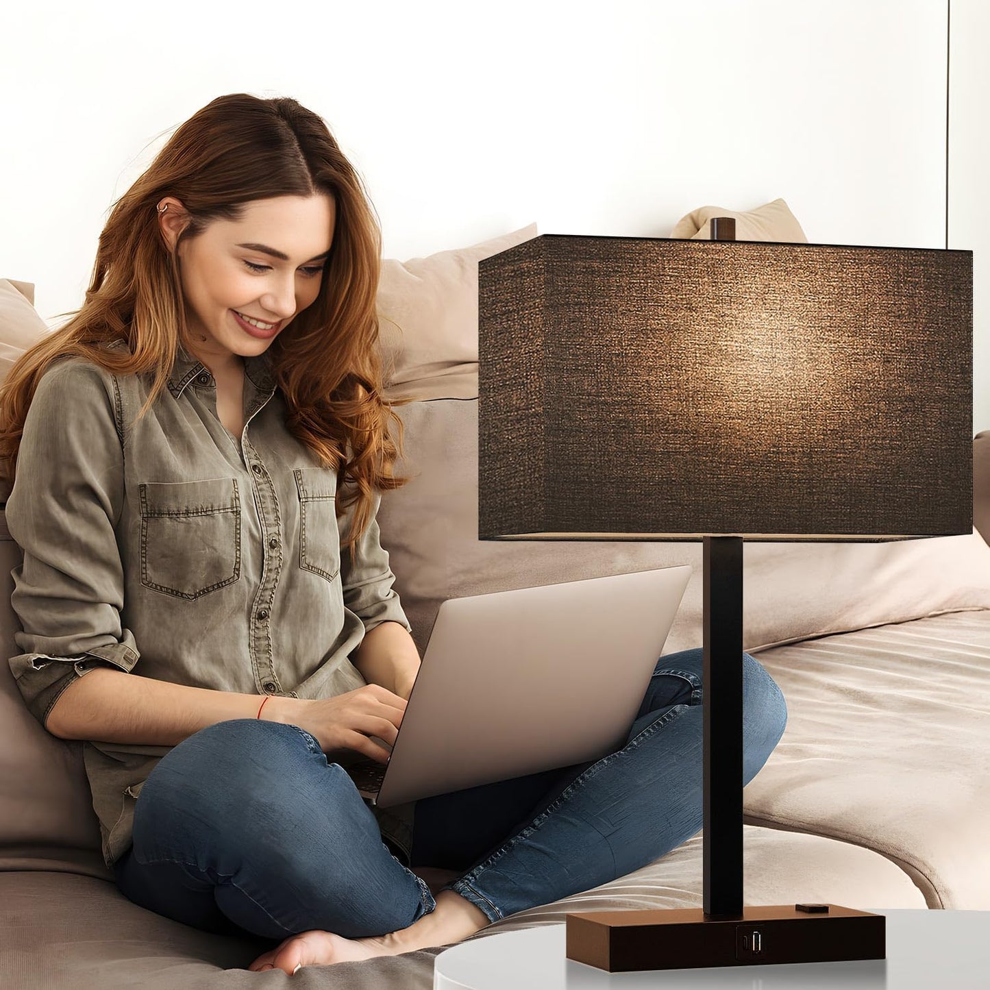 21" Touch Bedside lamps with 2 USB & AC Outlets, 3-Way Dimmable Bedside Table Lamps Set of 2 for Bedroom Living Room Office Reading, Gray Shade Lamps for Night Stands, 5000K LED Bulbs Included